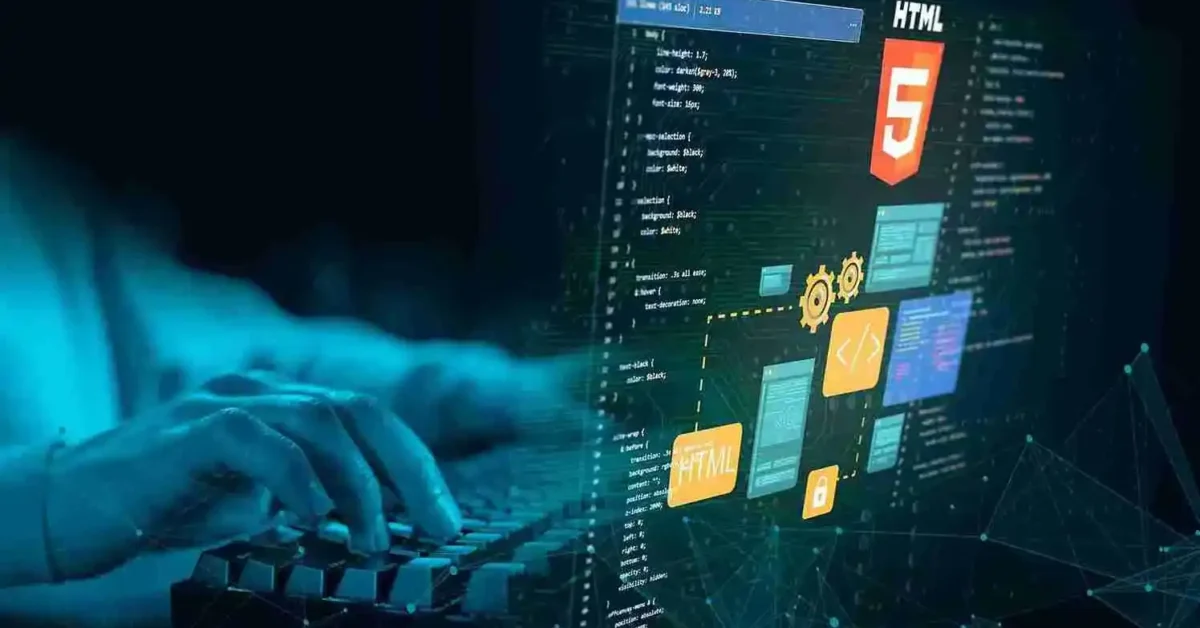 Developer working on code for custom software development UAE, showing HTML, system integration, and modern business application architecture.