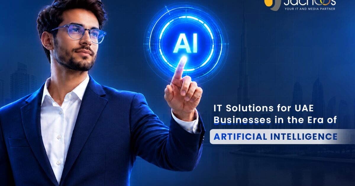 Digital dashboard displaying AI-powered IT solutions and business software for companies in the UAE